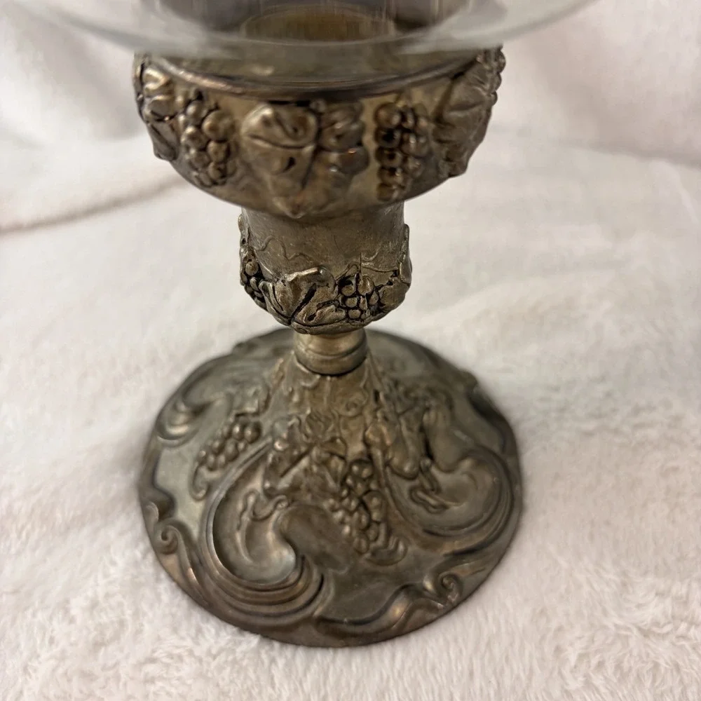 Vtg 70s Ornate Hurricane Candle Holder Pewter Silver Tone Grapevine Base Patina